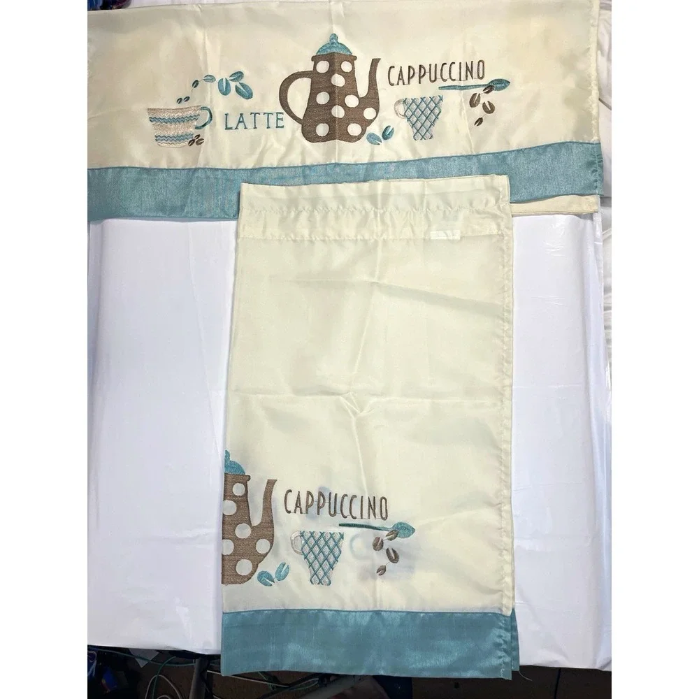 Latte Cappuccino Embroidered Café Tier Curtains 29x24 Beige/Blue Rod Pocket